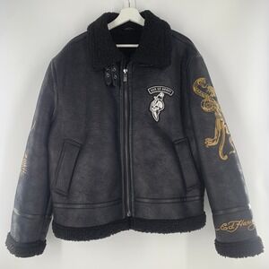 Don Ed Hardy Faux Shearling Aviator Flight Jacket Bomber Sz XL